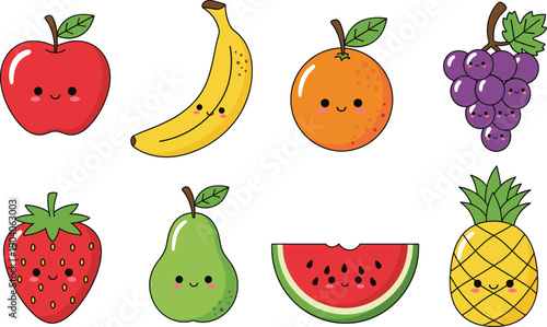 Cute Cartoon Fruits with Smiling Faces – Fun Colorful Vector Set for Kids, Education, Stickers, Posters, and Digital Content