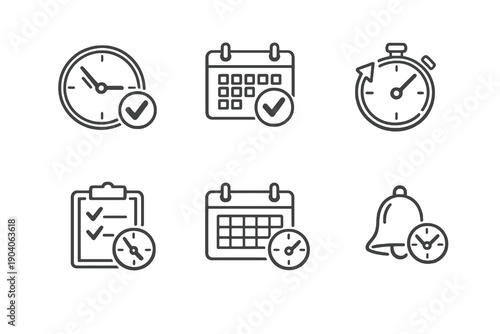 Set of six time management icons in line style. Editable stroke vector collection made for UI, task planning, reminders, deadlines and workflow design.