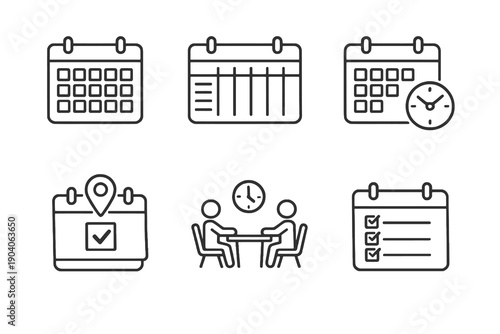 Scheduling and calendar line icon set with six editable stroke vector symbols. Clean outline style for web apps, planners, booking systems and productivity interfaces.