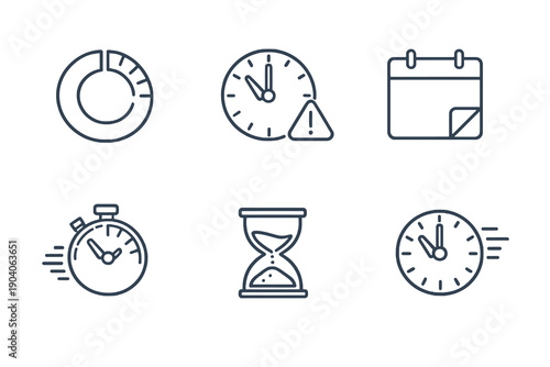 Set of six deadline and countdown icons in line style. Editable stroke vector collection ideal for UI, task urgency, alerts, scheduling and workflow design.