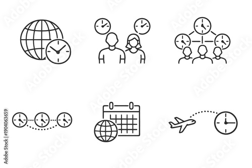 World time and time zone line icon set with six editable stroke vector symbols. Clean outline style for global scheduling, travel apps, dashboards and international planning.