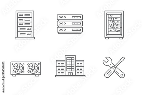 Set of six data center and server icons in line style. Editable stroke vector collection made for UI, cloud infrastructure, hosting services and technology design.