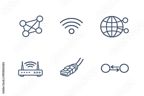 Connection network line icon set with six editable stroke vector symbols. Clean outline style for internet services, communication platforms, dashboards and web interfaces.