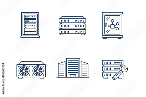 Data center line icon set with six editable stroke vector symbols. Clean outline design for IT infrastructure, hosting platforms, dashboards and enterprise web interfaces.