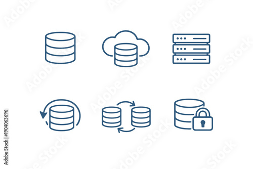 Database platform line icon set with six editable stroke vector symbols. Clean outline design for data storage, cloud platforms, dashboards and web applications.