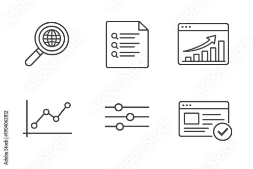 Set of six SEO and search optimization icons in line style. Editable stroke vector collection designed for UI, website ranking, analytics tools and online marketing.