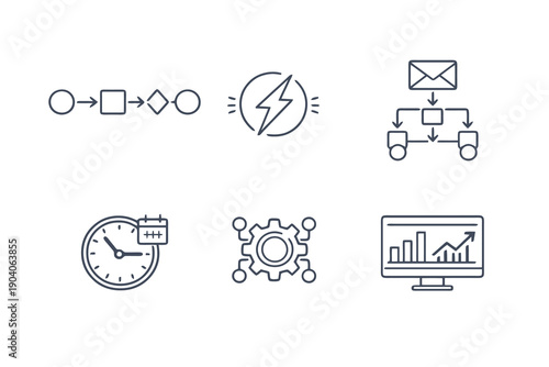 Set of six marketing automation icons in line style. Editable stroke vector collection designed for UI, workflow automation, campaign tools and online business systems.