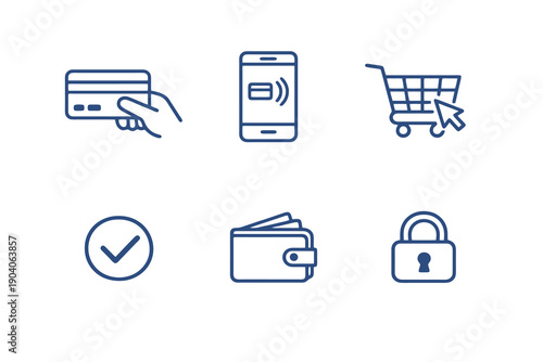 Set of six payment and transaction icons in line style. Editable stroke vector collection designed for UI, checkout flows, fintech platforms and digital finance tools.