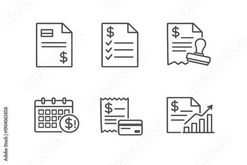 Invoices line icon set with six editable stroke vector symbols. Clean outline style for billing systems, accounting dashboards and financial web interfaces.