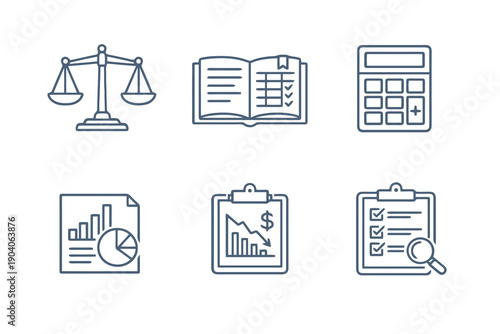 Set of six accounting and bookkeeping icons in line style. Editable stroke vector collection designed for UI, financial tracking, audits and business accounting tools.