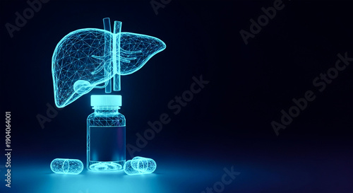 Holographic representation of a healthy liver above a digital wireframe medication bottle symbolizing treatment.