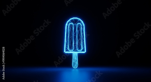 Glowing blue neon wireframe popsicle icon symbolizing frozen dessert technology and futuristic refreshment in darkness