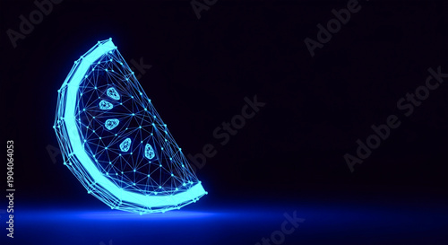 Digital polygon watermelon slice glowing neon blue in a dark futuristic environment