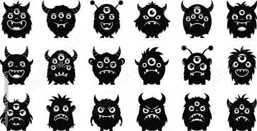 Cute monster character silhouettes vector set, funny spooky cartoon creatures faces collection, black halloween illustration icons for kids design, stickers, games, and branding