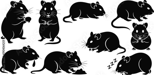 Cute mouse silhouettes collection, black and white vector illustration of adorable rodents in different poses, eating, sleeping, and sitting, isolated cartoon design elements