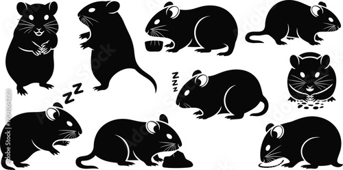 Cute mouse silhouettes collection, black and white vector illustration of adorable rodents in various poses, eating, sleeping, and standing, isolated cartoon animal design