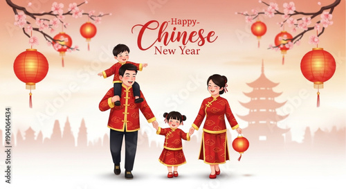 Happy Chinese New Year Family Celebration Illustration for Greeting Card, Poster, Social Media, and Festive Marketing Design