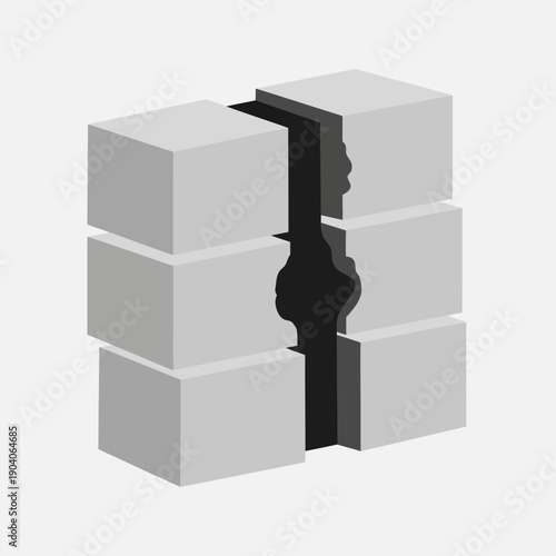 Abstract Geometric Composition: Separation of Gray Cubes by Black Organic Void | Minimalist Conceptual Illustration