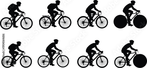 Cycling silhouette illustration set showing bicycle riders in motion, road racing and urban commuting concepts isolated on white background for sport and fitness design