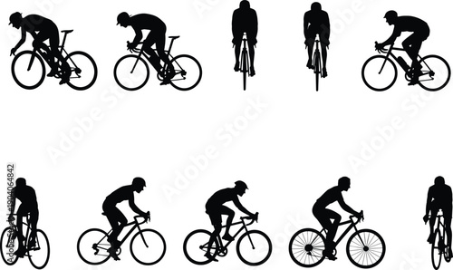 Cyclist silhouette vector collection, black road bike icons, racing posture variations, helmeted riders, sports motion design, athletic illustration, white background