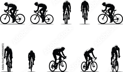 Cyclist silhouette vector collection, black road bike icons, racing posture variations, helmeted riders, motion design elements, sports illustration, white background