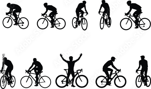 Cyclist silhouette vector illustration set with various bike riding positions, perfect for sports design, cycling icons, motion graphics, and fitness concepts