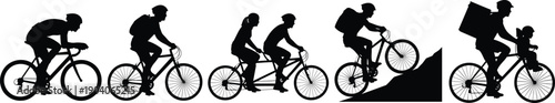 Cyclist silhouettes on different bicycles, road bike, tandem, mountain climbing, delivery rider, parent with child, outdoor cycling vector illustration, black silhouettes