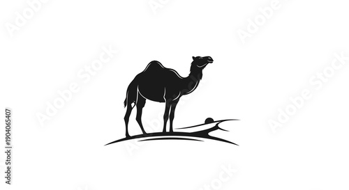 Silhouette of a camel standing on sand dune, desert animal icon, minimalist vector art