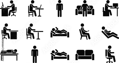 Daily human activity silhouettes vector set showing work, sitting, standing, sleeping, relaxing poses, lifestyle routine icons for office, home, and health design