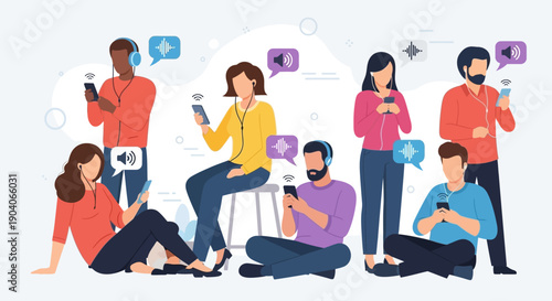 People listening to audio content on smartphones with headphones.