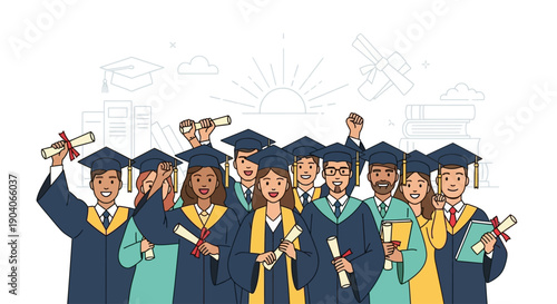 Happy diverse graduating students holding diplomas and celebrating success.