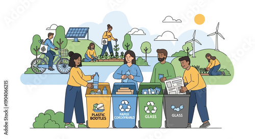 People practice eco-friendly activities and recycle waste in a green park.