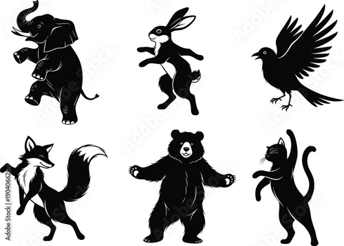 Canvas Print Dancing animal silhouette vector, cute wild animals illustration including eleph