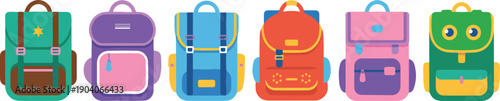 A flat, minimalist illustration of six colorful school backpacks arranged in a horizontal line against a white background.