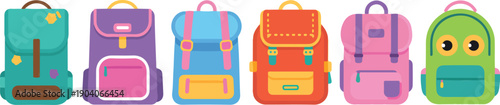 A flat, minimalist illustration of six colorful school backpacks arranged in a horizontal line against a white background.