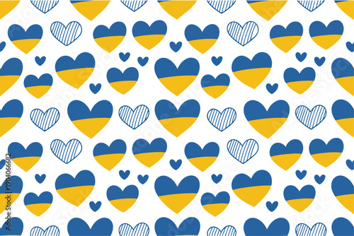 A seamless pattern design featuring hearts in the colors of the Ukrainian flag - royal blue and yellow - against a white background.