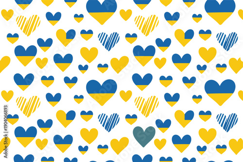A seamless pattern design featuring hearts in the colors of the Ukrainian flag - royal blue and yellow - against a white background.