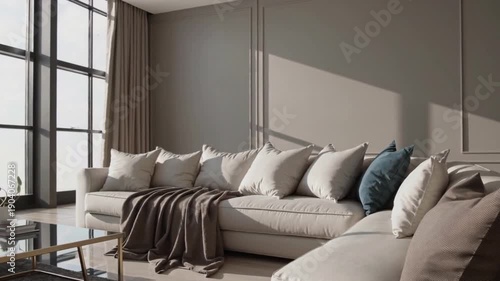 A serene living room with a large window and a comfortable couch in a modern home, captured in a showcasing interior design and home decor