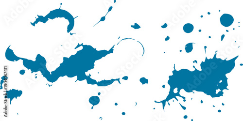 Blue ink and paint splashes create a grunge watercolor texture with artistic liquid splatters, drips, and spray stains in a colorful vector illustration design