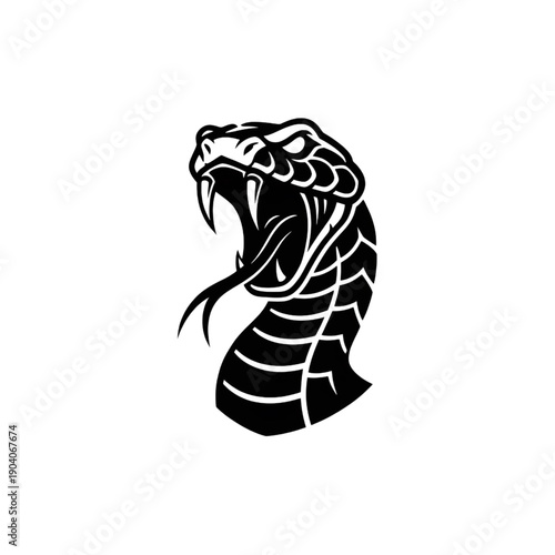 aggressive black silhouette of king cobra snake head with open mouth and fangs for sports mascot or gaming logo vector