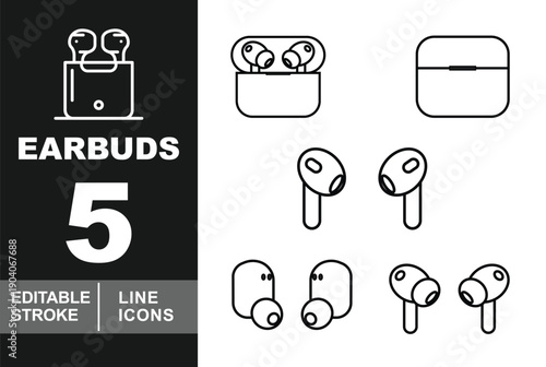 Wireless Earbuds and Bluetooth Charging Case Line Icon Set. Editable stroke icons for modern audio gadgets and mobile accessories. Featuring various high-fidelity earbud styles: pro models 