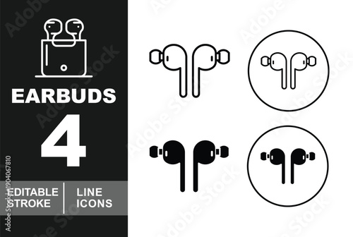Wireless Earbuds and Bluetooth Headphones Line and Solid Icon Set. Editable stroke icons for audio technology and mobile accessories. Featuring various earbud styles: pro models with silicone tips
