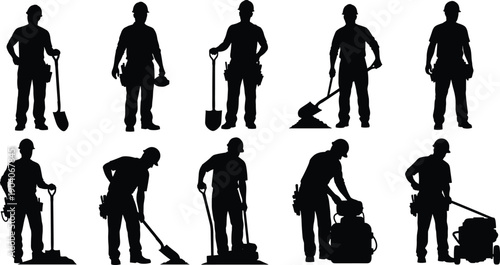 Construction worker silhouette illustration set showing builders with tools in various working poses, manual labor and industrial workforce concept isolated on white background