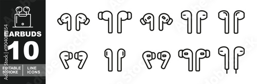 Wireless Earbuds and Bluetooth Headphones Line Icon Set. Editable stroke icons for audio technology and mobile accessories. Featuring various earbud styles: pro models, in-ear designs with silicone 