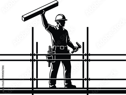 Construction worker silhouette illustration, builder holding hammer and beam on scaffolding, industrial labor concept, black vector art isolated on white background