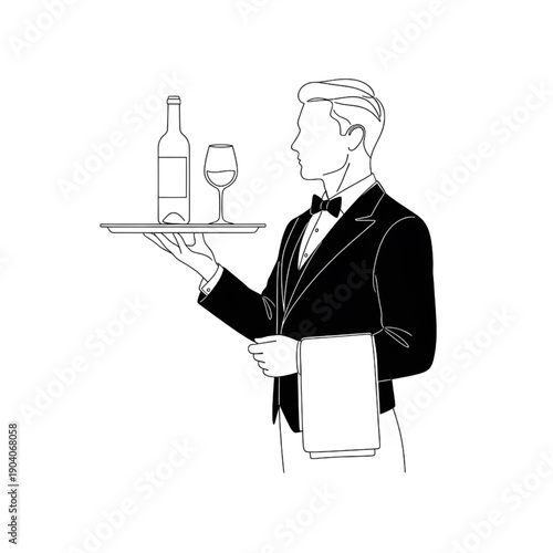 minimalist line art of professional waiter in tuxedo carrying service tray with wine bottle and glass fine dining vector