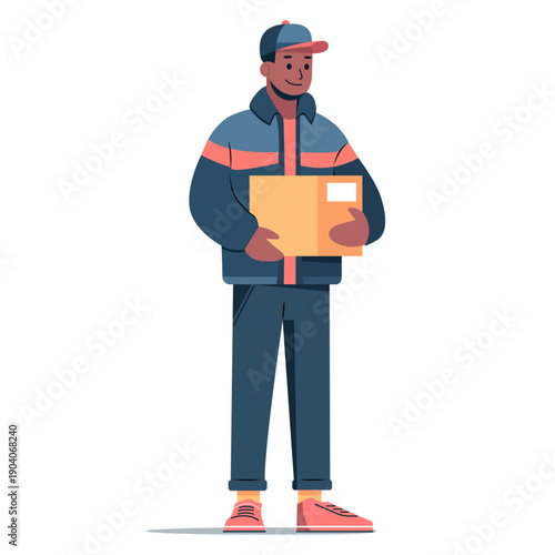 Delivery man is wearing a hat with parcel box