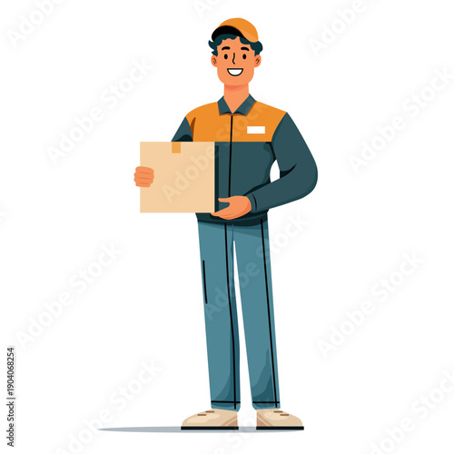 Delivery man is wearing a hat with parcel box