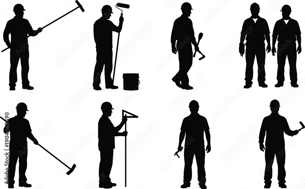 Obraz premium Construction worker silhouettes vector illustration isolated on white background, laborers using tools set for building, maintenance, industrial work, workforce concepts