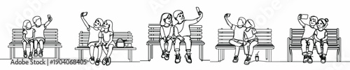 line art of two children sitting on a park bench taking a selfie together